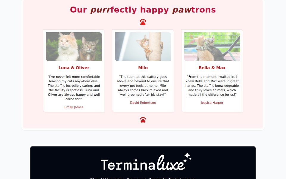 testimonial cards for a cattery, from the Tailwind CSS challenges page